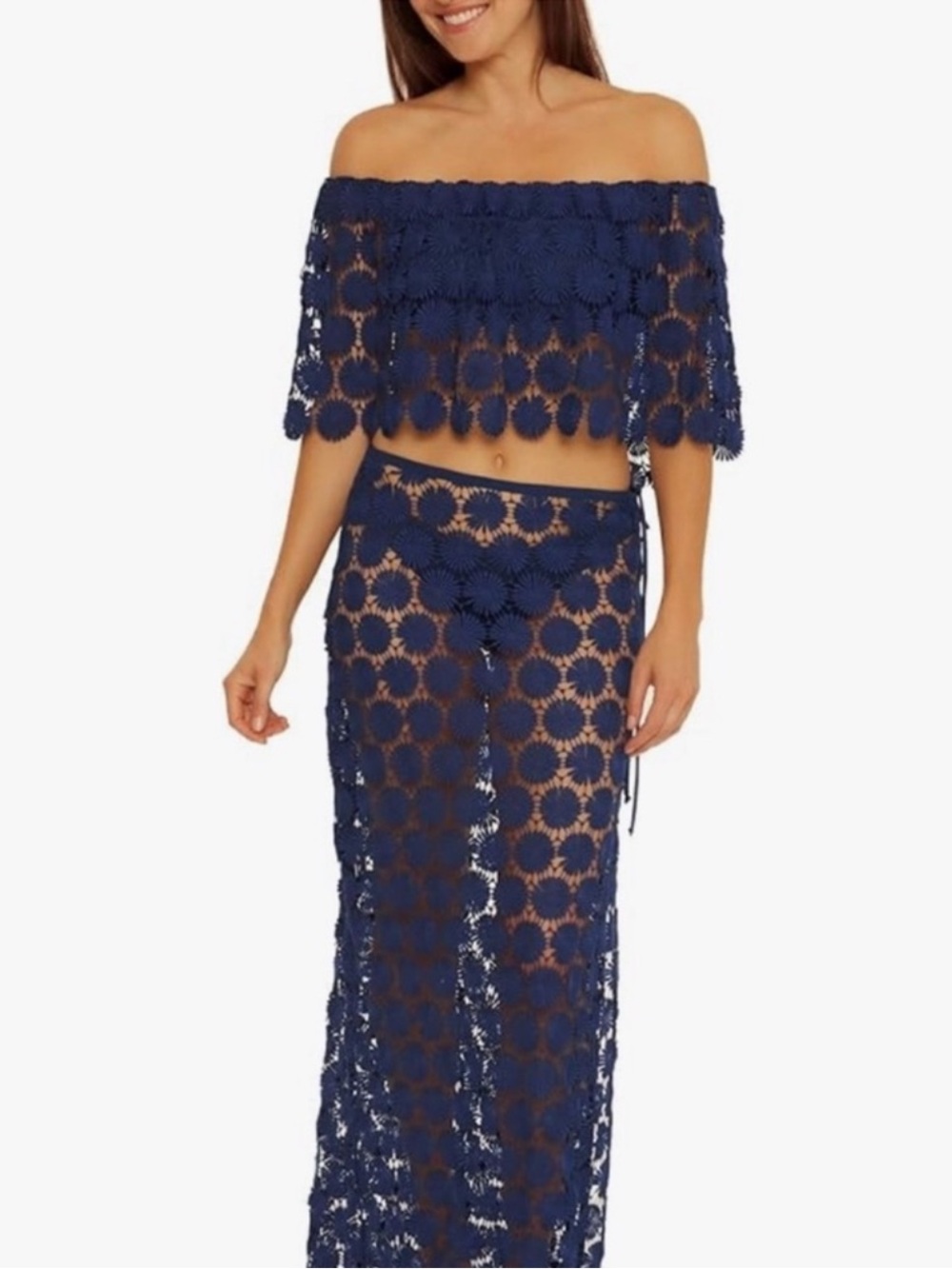 Trina Turk Bardot Cover Up Top & Skirt Set Ink Blue Daisy Lace Size Small NWT